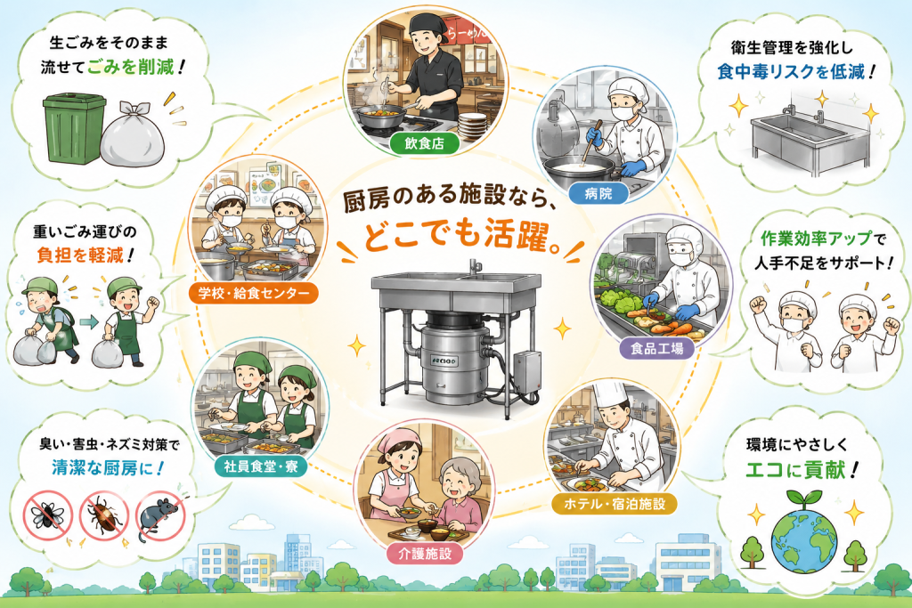 飲食店・給食施設・病院・食品工場など業務用ディスポーザーを導入できる施設